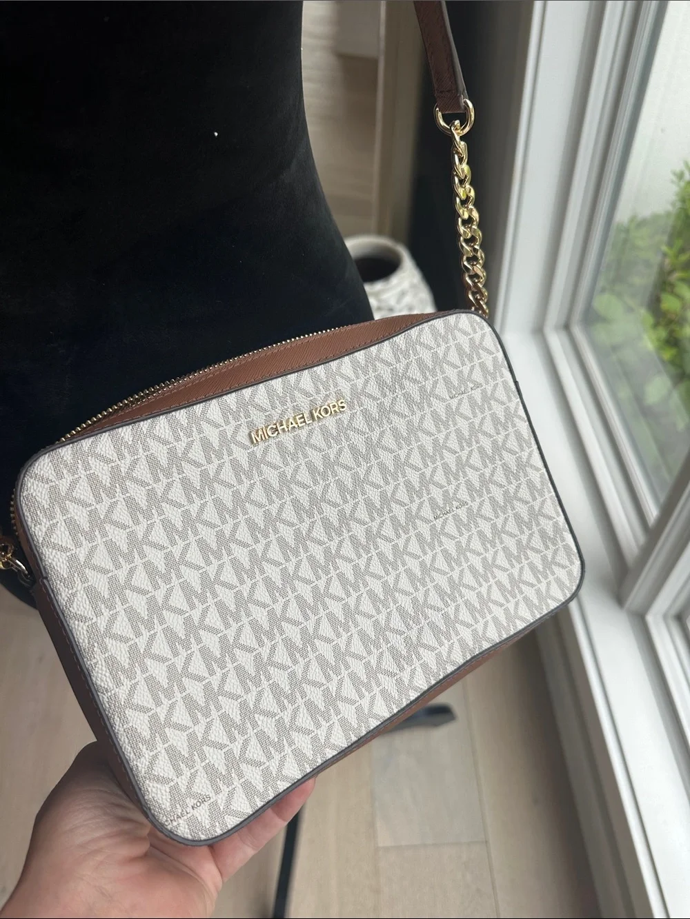 Michael Kors White Signature and Brown Leather Crossbody Bag
